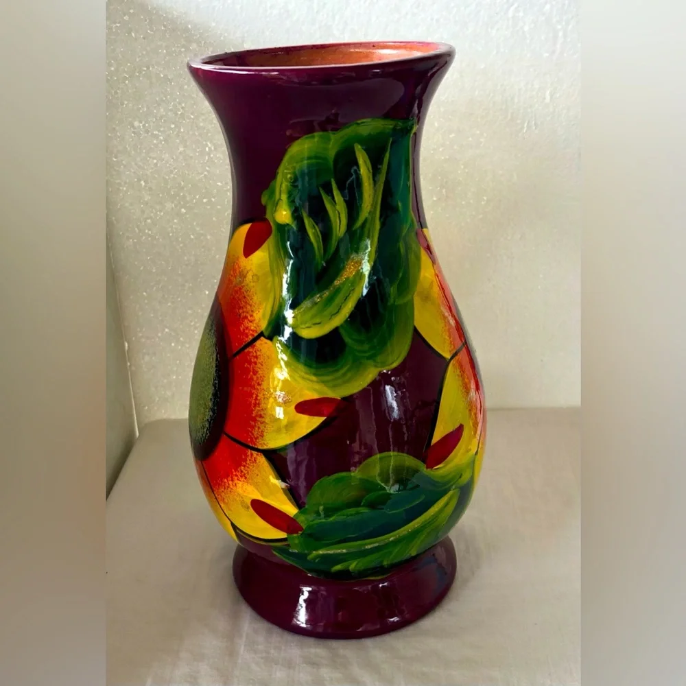 Mexican Folk Art Clay Pottery Vase Hand Painted Bright Flowers & Leaves